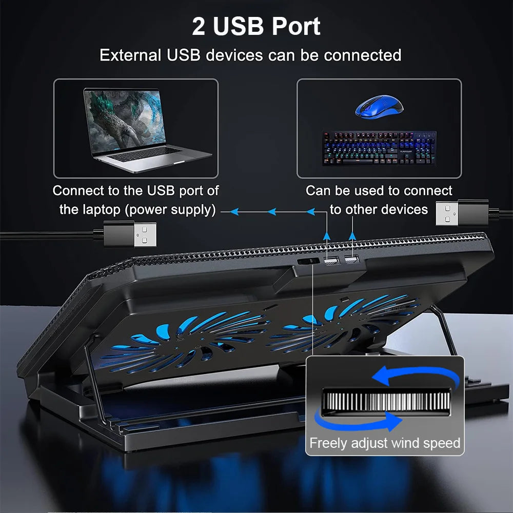 Adjustable Silent Laptop Cooler Stand for 12-17 Inch Notebook Large Size USB Wind Speed Control - Quinzey